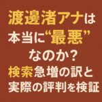 赤茶色の背景に白と黄色の文字で『渡邊渚アナは本当に最悪？ 検索急増の理由と実際の評判を徹底検証』と書かれたブログ用アイキャッチ画像